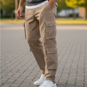 boohooMAN Utility Cargo Pants Tan Khaki Multi-Pocket Streetwear Y2K Gorpcore